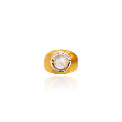 Matt Gold signet ring with a round moonstone in the centre and a half diamond border 