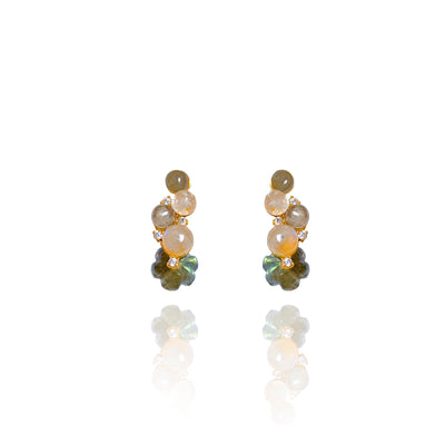 Clustered round grey labradorite and Moonstone Gold huggie earrings with diamond detailing.