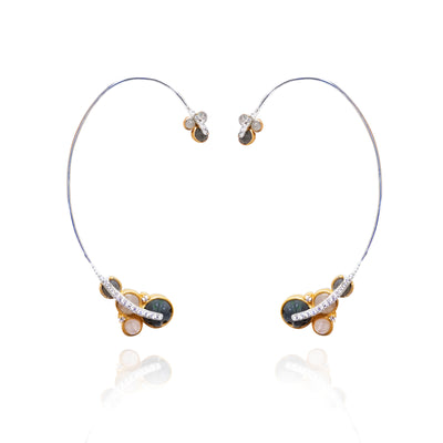 Hand carved, dark grey Labradorites, Moonstone ear cuff earrings in yellow and white gold set with sparkly Diamonds.