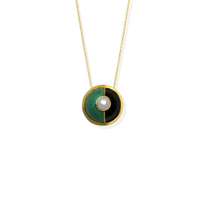 Hand crafted, black enamel and natural Malachite gold necklace, embellished with a Mother of a Pearl on top