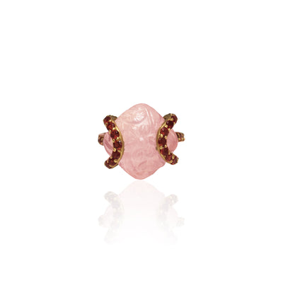 Hand carved delicate Rose Quartz ring in gold, with Tourmaline detailing on top and sides of ring.